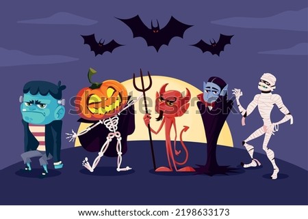group of halloween characters, vector style