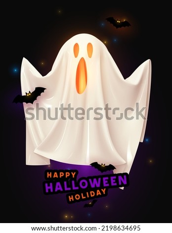 Happy Halloween Festive bright design. Halloween white ghost with scared scary face, on dark background among bats realistic 3d cartoon style. Holiday Hallows' Eve or Saints' Eve. Vector illustration