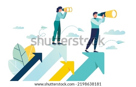 teamwork vision path goal success. study horizons company work finding ways develop. people stand profit, growth arrows look binoculars, big telescope spyglass in search new ideas vector illustration Royalty-Free Stock Photo #2198638181