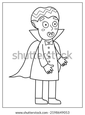 Halloween coloring page with a cute vampire. Spooky print in cartoon style for coloring book. Vector illustration
