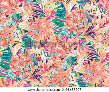 pattern of a tropical artwork, with multicolored hand drawn elements, perfect for fabrics and decoration Royalty-Free Stock Photo #2198653707