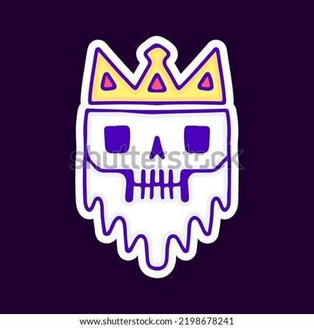 Melted king skull face cartoon, illustration for t-shirt, sticker, or apparel merchandise. With modern pop and retro style.