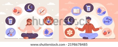 Combination of healthy habits for wellbeing. Man and woman with mental calmness sit in lotus position. Daily rituals, sports, sleep, nutrition and walks. Happy lifestyle. Cartoon flat vector set Royalty-Free Stock Photo #2198678485