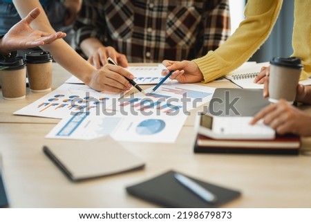 Business team present. Photo professional investor working new startup project. Finance meeting. Digital tablet laptop computer graph chart using, accountant concept