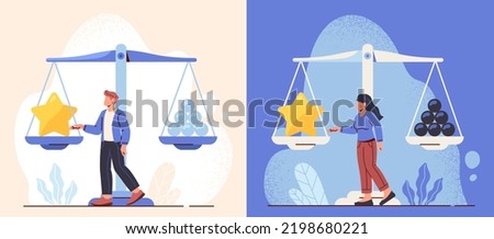 Quality vs quantity concept. Man and woman entrepreneurs stand next to scales with large golden star and many small balls. Unique idea versus other standard solutions. Cartoon flat vector collection Royalty-Free Stock Photo #2198680221