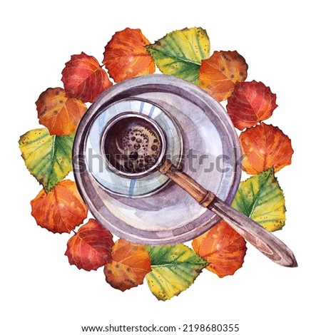 Watercolor turk calve from above top view on plate with autumn orange leaves. Old coffee maker for hot morning aroma beverage isolated on white background. Hand-drawn clipart for menu cookbook, cafe.