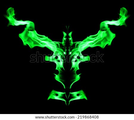 Green fire light smoke abstract shapes on black background