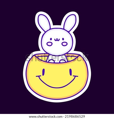 Cute bunny inside smile emoji face cartoon, illustration for t-shirt, sticker, or apparel merchandise. With modern pop and retro style.