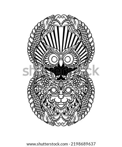 Tattoo, t shirt and coloring book design black and white hand drawn Owl, cat and dragon engraving ornament