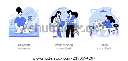 Newborn care service isolated cartoon vector illustrations set. Pediatrician makes soothing massage to a baby, breastfeeding consultant, infant sleep therapist, online workshop vector cartoon. Royalty-Free Stock Photo #2198694207