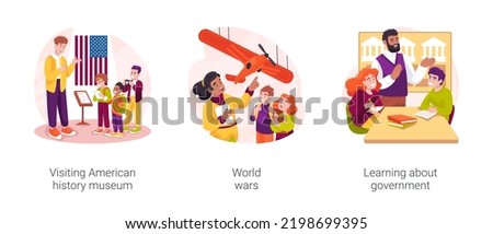 High school history curriculum isolated cartoon vector illustration set. Visit American history museum, study World wars, warfare field trip, learn about government, politics lesson vector cartoon.