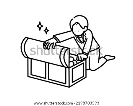 Clip art of businessman opening treasure box, line drawing.