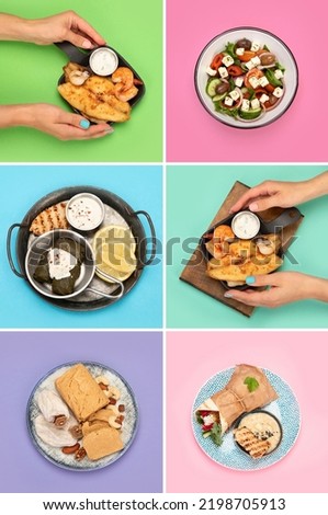 Greek food assortment on color background. Traditional food. Creative photo concept. 
