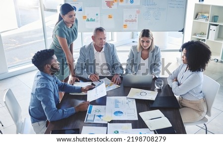 Teamwork, business meeting and infographic paper for target audience data, kpi or demographic chart survey. Collaboration, business people or innovation strategy for brand product in office boardroom Royalty-Free Stock Photo #2198708279