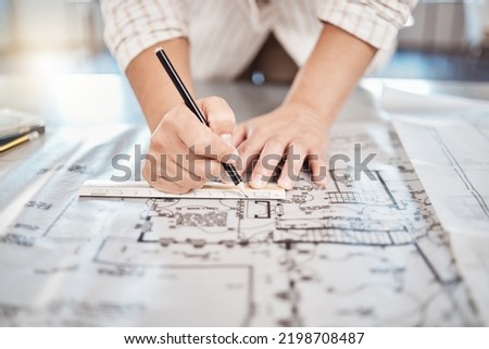 Architect drawing building floor plan, design blueprint map and engineer drafting structure on table paper. Real estate development work office construction and industrial wall safety ruler Royalty-Free Stock Photo #2198708487