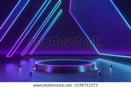Empty Stage Display With Neon  Light. Futuristic scene. 3d rendering