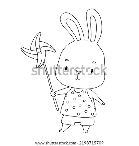 Cute bunny with wind spinner toy. Lovely outline rabbit illustration for coloring book. Hare with clothes character isolated on white