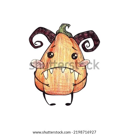 halloween. pumpkin monster doodle illustration. drawing with watercolor pencils. children's book illustration. for printing postcards, stickers, books, print on clothes.