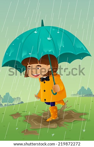 A vector illustration of girl with umbrella and raincoat playing in the mud