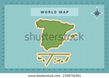 Spain with Provinces Map - World Map International vector template High detailed with green and cream color isolated on blue background including Compass Rose icon - Vector illustration eps 10