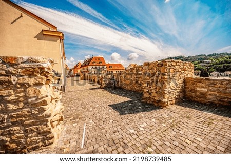 Bardejov city medieval fortress wall. Tower in old town Slovakia.  UNESCO old city. The castle walls around the Bardejov square