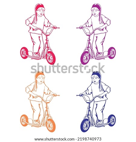 Little Girl Rides A Scooter Vector illustration

