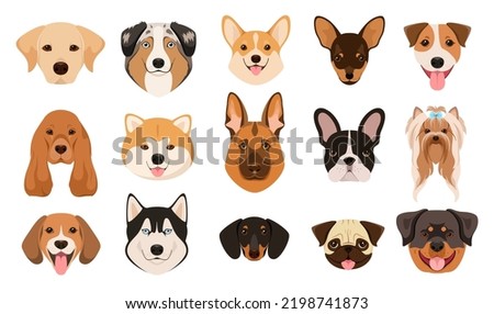 A set of dog heads on a white background. Cartoon design.
