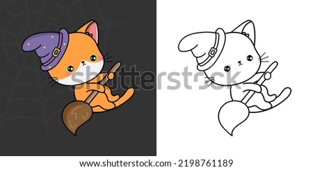 Set Clipart Halloween Cat Coloring Page and Colored Illustration. Cartoon Kawaii Halloween Red Cat. Cute Vector Illustration of Halloween Kawaii Animal in Witch Costume.
