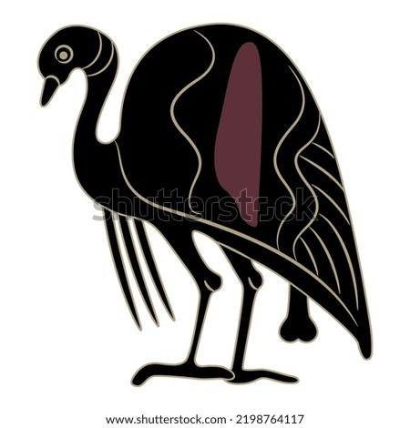 Stylized bird. Standing fowl. Ancient Greek animal design. Folk vase painting style. Isolated vector illustration.