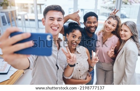 Diversity work selfie of team with a smile happy about teamwork collaboration and office support. Job friends and digital marketing employee business group posing with a peace hand sign and community