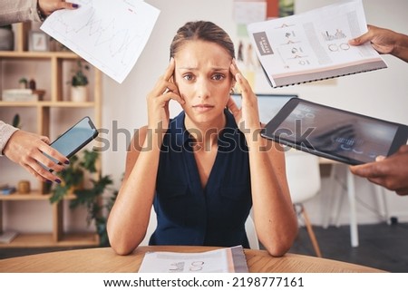 Stress, time management and project management business woman with paperwork, tablet and phone call in hands for office job. Headache, anxiety portrait for KPI of corporate worker in administration Royalty-Free Stock Photo #2198777161