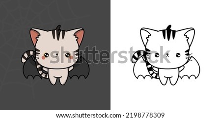 Clipart Halloween American Shorthair Cat Multicolored and Black and White. Cute Halloween Cat. Cute Vector Illustration of a Kawaii Halloween Animal in a Vampire Costume.
