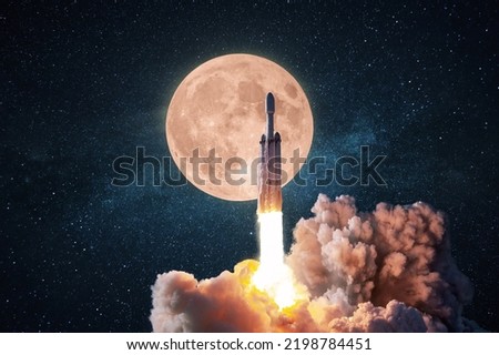 New rocket with smoke and blast successfully takes off into the starry sky with a full moon. Spaceship launch, concept. Space mission to the moon.