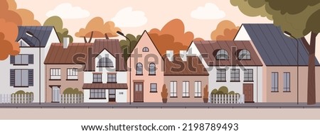 Residential houses exteriors at sunset in empty deserted city. Outside town homes panorama. Dwellings facades row outdoors. Living buildings scenery, panoramic view. Flat vector illustration