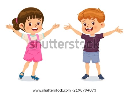 Little boy and girl stand holding their hands up and smiling together. Vector illustration. Isolated on white background