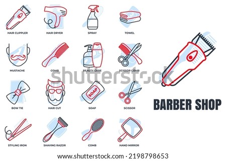 Barber shop banner web icon set. shaving razor, soap, towel, hand mirror, mustache, scissor, hair dryer and more vector illustration concept.