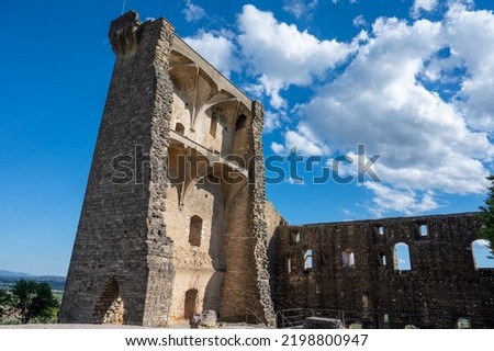 VIew on medieval buildings in sunny day, vacation destination, famous wine making village Chateauneuf-du-pape in Provence, France
