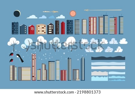 Set of vector illustrations in geometric flat style - city landscape with buildings, hills, bushes and trees