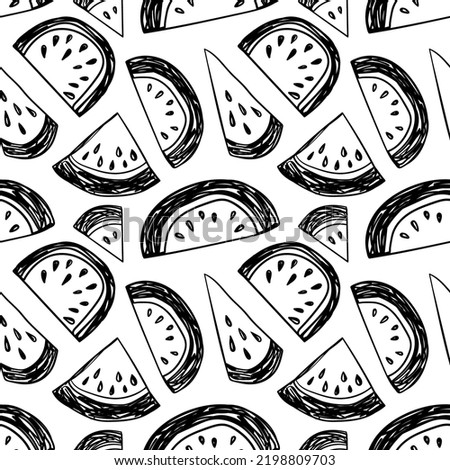 Watermelon seamless pattern. Hand drawn vector illustration. Pen or marker doodle sketch. Black and white scribble