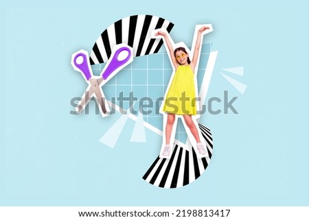 Photo artwork minimal picture of happy smiling small kid showing arms scissors isolated drawing background