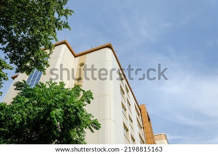 A beautiful close -up building against the background of the sky. Beautiful natural background. . Natural background. Natural beauty. Command building,