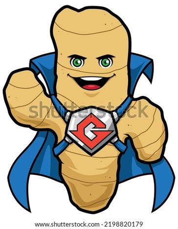 Mascot illustration with ginger root superhero isolated on white background.