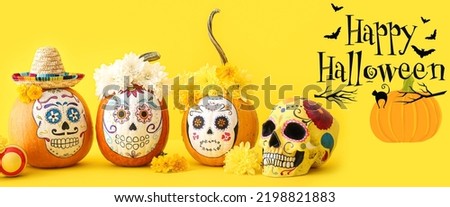 Greeting card for Happy Halloween celebration with creative pumpkins and human skull