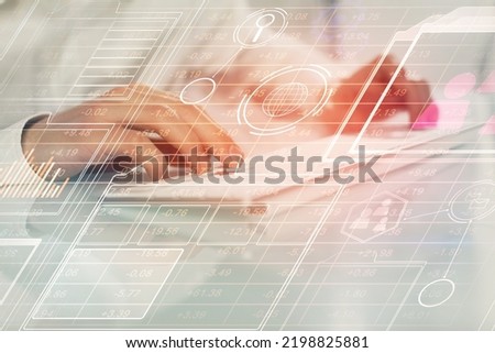 Multi exposure of tech drawings with man working on computer background. Concept of innovation.