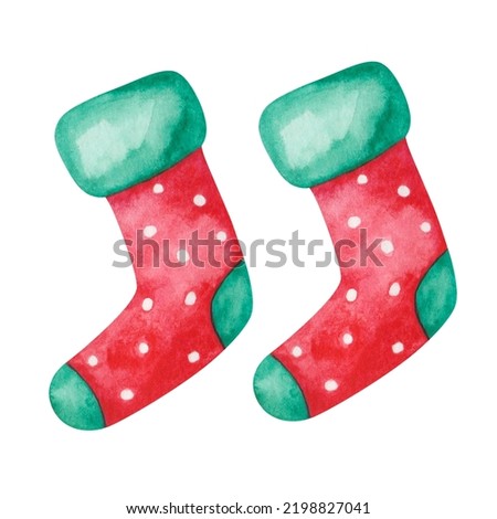 Watercolor illustration of hand painted green, red socks with white polka dots. Winter warm, cozy clothes. Stockings for gifts from Santa Claus. Isolated clip art for New Year, Christmas cards, poster