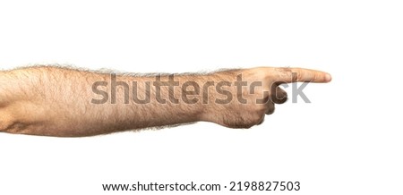 Male index finger pointing isolated. Hairy hand in air, man pointing the direction on white background Royalty-Free Stock Photo #2198827503