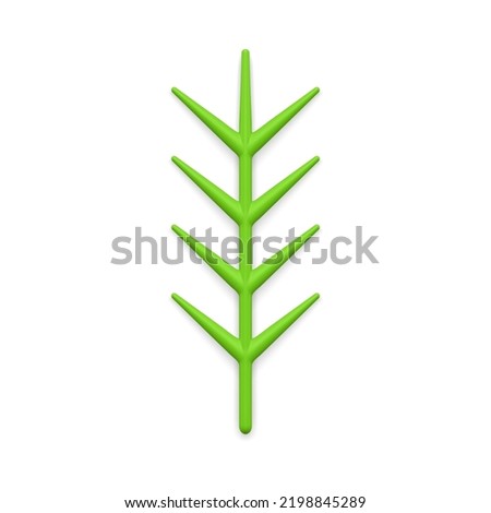 Vertical green branch with sharp needles realistic Christmas glossy bauble 3d template vector illustration. Realistic simple artificial coniferous stick plastic decorative design Xmas toy mockup