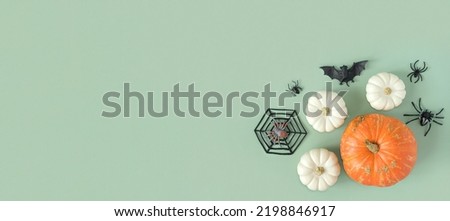 Halloween background with black bats, spiders, orange pumpkins. Modern Holiday design. Halloween party border on olive green colour. Flat lay, top view, copy space. Thanksgiving fall decoration. 2022