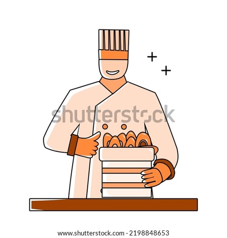illustration of a chef cooking seafood using a flat design outline style