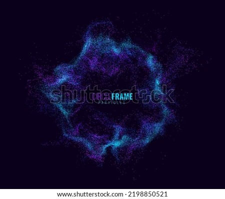 Particles Circle Frame. Particles Shockwave Explosion Effect on Dark Background. Digital Explosion. Radial Sound Explosion Wave Music Visualization. Colorful Equalizer Background. Vector Illustration. Royalty-Free Stock Photo #2198850521